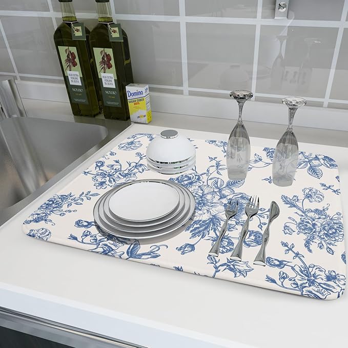 Vintage Blue Floral Dish Drying Mat for Kitchen Counter 18x24 Inch Chinoiserie Flowers Absorbent Reversible Microfiber Dish Pad Dish Drainer Rack Mats Countertops Protector Mat