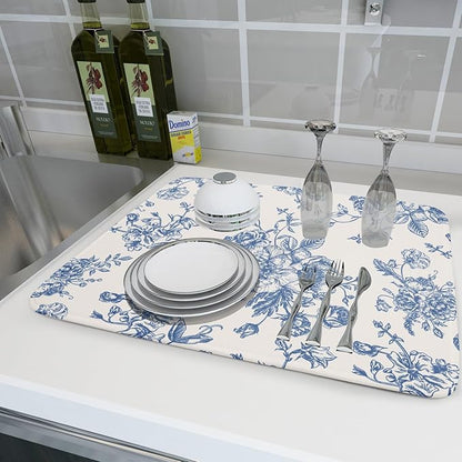 Vintage Blue Floral Dish Drying Mat for Kitchen Counter 18x24 Inch Chinoiserie Flowers Absorbent Reversible Microfiber Dish Pad Dish Drainer Rack Mats Countertops Protector Mat