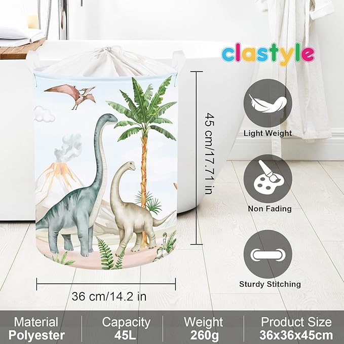 Clastyle Large Dinosaur Kid Storage Basket Baby Laundry Hamper Palm Tree Boy Gift Toy Box Collapsible Clothes Organizer Nursery Bin for Bedroom, Volcano, 36 * 45 cm