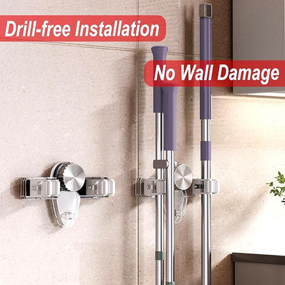 4 Pack Broom Holder Mop Hanger, No Drill Suction Cup Adjustable Organizer with Hooks Broom Hanger Organizer for Bathroom Kitchen Office Utility Room Laundry Home Garden Garage Storage Organizatin Rack
