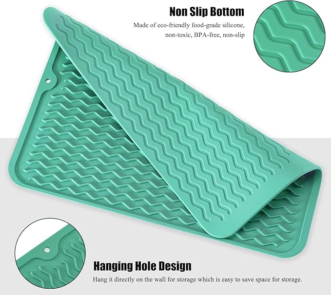 Silicone Dish Drying Mat for Multiple Usage, Easy clean, Eco-friendly, Heat-resistant Dish Drainer Mat for Kitchen Counter,Sink,Refrigerator or Drawer liner (12" x 12", Green)