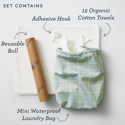 Esembly Paperless Towel Roll - Reusable Kitchen Towels 12-Pack Washable Cotton with Laundry Bag & Hook - Zero-Waste, Absorbent, Washable - Lemons