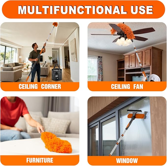SISUPASSIE 36FT Reach High Ceiling Duster Kit, Window Cleaning kit with 7-30FT Extension Pole, Fan Duster for Ceiling Fan Blades, Microfiber Feather Duster, Window Squeegee, Bucket and Cobweb Duster
