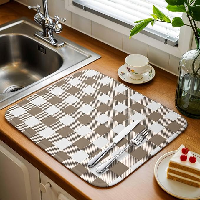 Dish Drying Mat Light Brown Buffalo Check Plaid Drying Mats for Kitchen Counter Farmhouse Style Absorbent Microfiber Dish Drainer Quick Drying Coffee Mat with Hanging Loop, 16 x18 inch