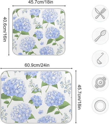 Blue Hydrangea Flowers Dish Drying Mat Super Absorbent Drying Mat Large Coffee Mat for Kitchen Counter Easy Clean Dish Mat Kitchen Drying Matt 18x24 inch