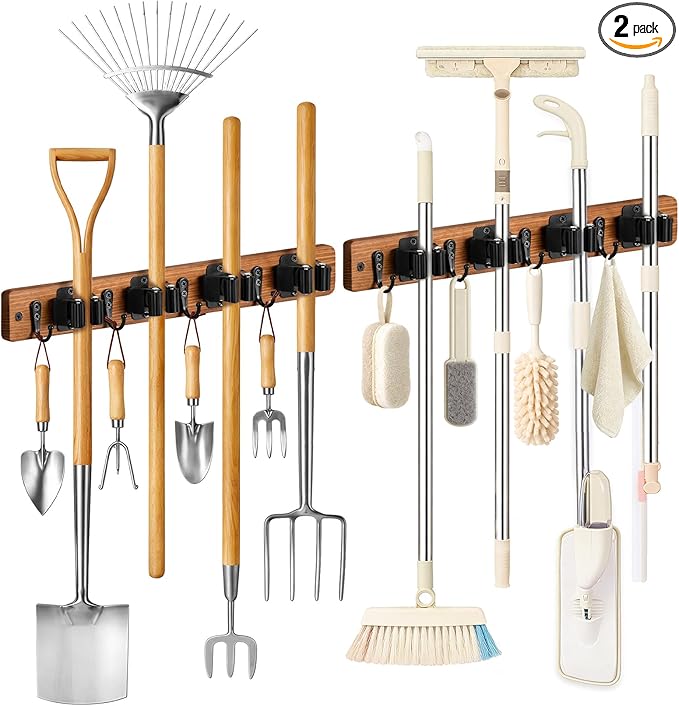 Lorbro 2 Pack Broom Holder Wall Mount, Wooden Broom and Mop Organizer Wall Hanging, Mop Hanger Rack with 4 Slots & 4 Hooks, Tool Organizer for Laundry Room, Closet, Garage, Kitchen