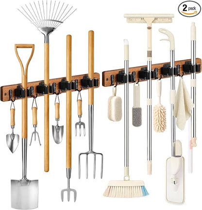 Lorbro 2 Pack Broom Holder Wall Mount, Wooden Broom and Mop Organizer Wall Hanging, Mop Hanger Rack with 4 Slots & 4 Hooks, Tool Organizer for Laundry Room, Closet, Garage, Kitchen