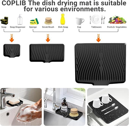 Silicone Dish Drying Mat for Kitchen Counter, Dish Drying Pad, Non-Slip Drain Pad with Built-in Drain, Heat Resistant Stone Drying Mat,BLack-1Set-XL