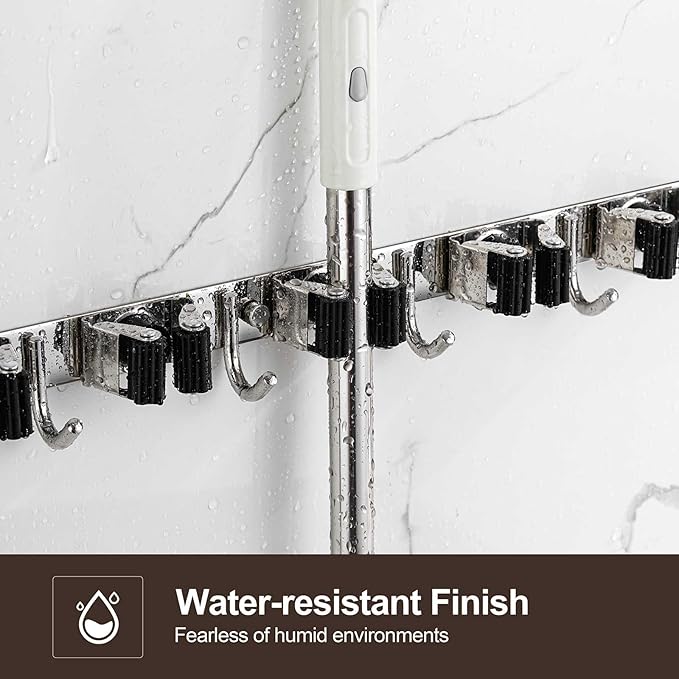 Broom Holder Wall Mount, Stainless Steel Broom Hanger Wall Mount, Heavy Duty Mop and Broom Holder Tool Racks Utility Hooks for Laundry Room Garden Garage, Black (4 Racks and 5 Hooks)