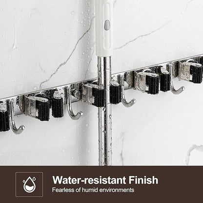 Broom Holder Wall Mount, Stainless Steel Broom Hanger Wall Mount, Heavy Duty Mop and Broom Holder Tool Racks Utility Hooks for Laundry Room Garden Garage, Black (4 Racks and 5 Hooks)