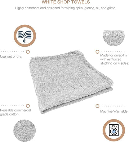 Detailer's Preference Absorbent Cotton Shop Towels, Reusable Cleaning Rags for Auto, Garage, Home, Kitchen, Industrial Use, Wipe Spills, Grease, Oil, Grime, Dirt & More, 11x12, 50-Pack, White