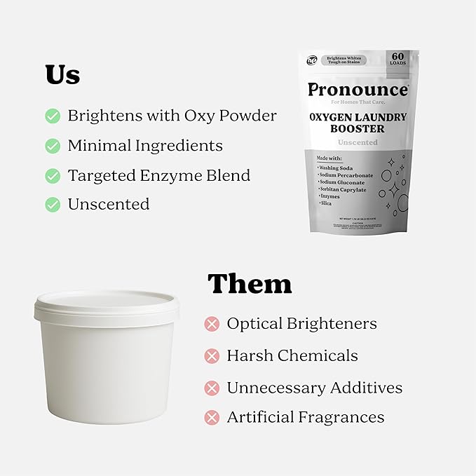 Pronounce Oxygen Laundry Booster with Enzymes - Brightens White & Tough on Stains, Fights Odor. Stain Remover, Cleaner Ingredients, Fragrance Free - Ultra Concentrated, HE - 60 Loads (Unscented)