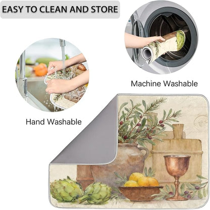 Dish Drying Mats with Hanging Loop for Kitchen Counter - Super Absorbent & Microfiber Sink Dry Mat with Country Wine Paisley Floral, Non-Slip Backing, Dishes, Sink, Countertop Protection 18"x24"