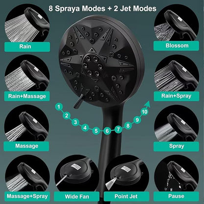 Matte Black Filtered Handheld Shower Head – 10 Spray Modes with Rain & Massage, Built-in Filter, Anti-Clog Nozzles, Power Rinse for Tile & Pets, Easy to Install