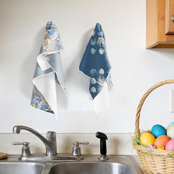 Easter Kitchen Towels Set of 4, Bunny and Hydrangea Dish Towels Gifts for Cooking Cleaning, Eggs and Flower Hand Towels with Hanging Loop for Bathroom Home Decor
