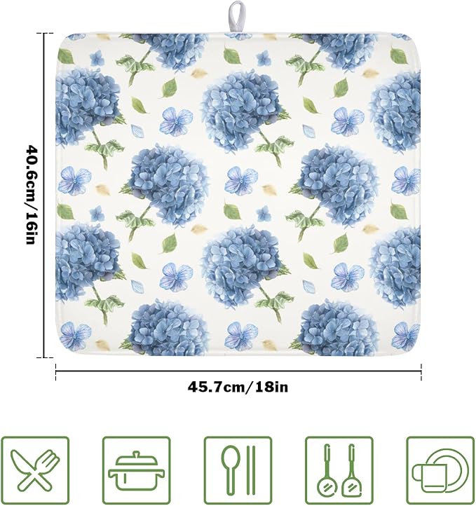 Spring Summer Hydrangea Dish Drying Mat for Kitchen Counter 16 x 18 Inch Blue Floral Dish Drainer Mat Absorbent Microfiber Dish Rack Pad for Holiday Coffee Dining Bar Decor