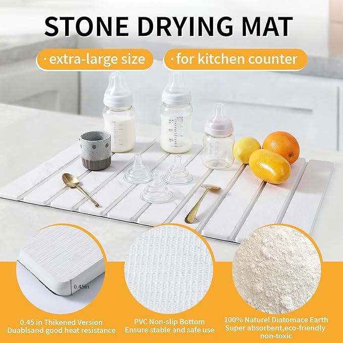 Stone Dish Drying Mat for Kitchen Counter, 24''×16'' Quick Dry Stone Dish Matt Collapsible Water Absorbing Diatomaceous Earth Drying Organizer Mat for Dishes Bottles Cups, Any Countertop(White Marble)