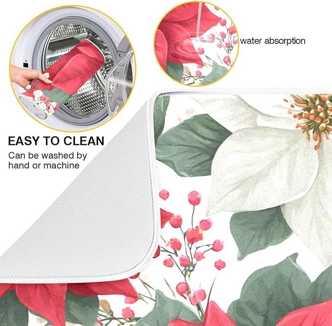 Red Poinsettias and Leaves Dish Drying Mat for Kitchen Counter Super Absorbent Drying Mat 16x18 inch Large Dish Drying Matts for Countertop Protector Dishes Pad