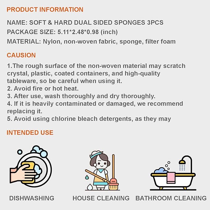 DEAD SKIN Soft & Hard Dual-Sided Sponge Dish Scrubber, Multi-Purpose, Odor-Resistant for Kitchen and Bathroom Cleaning, Household Scrub Sponges_3pcs