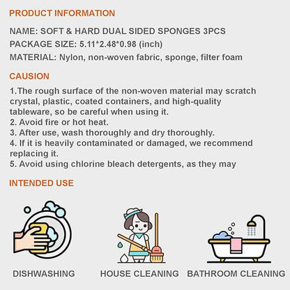 DEAD SKIN Soft & Hard Dual-Sided Sponge Dish Scrubber, Multi-Purpose, Odor-Resistant for Kitchen and Bathroom Cleaning, Household Scrub Sponges_3pcs