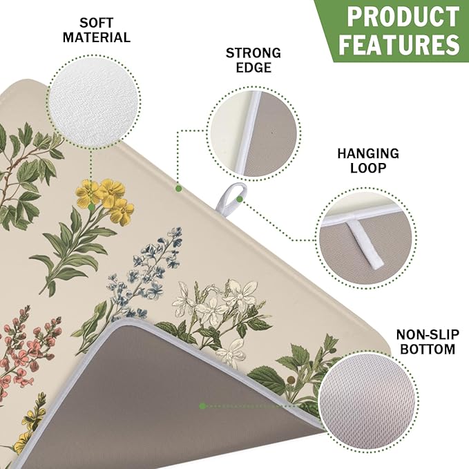 Vintage Plants Herbs Floral Dish Drying Mat for Kitchen Counter Retro Leaf Drying Mat 16x18 Inch Rustic Farmhouse Absorbent Dish Drainer Mat Kitchen Accessories
