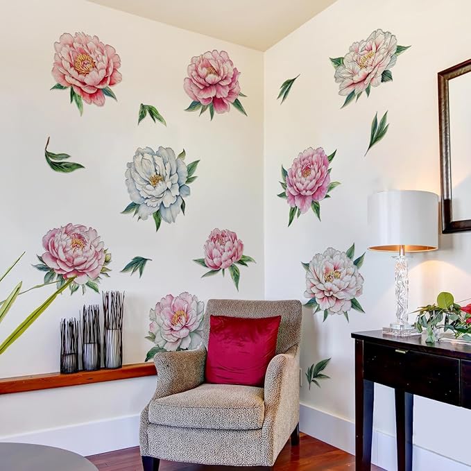 Peony Flower Wall Decal Pink Flower Plant Wall Stickers Natural Theme Peel and Stick Decor Suitable for Living Room Bedroom (Peony Flower)