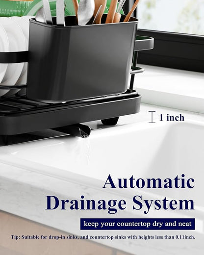Kitsure Dish Drying Rack - Compact Dish Rack with Utensil Holder & Adjustable Water Outlet, Rust-Proof & Scratch-Resistant Drying Rack for Kitchen, 14.5" x 12.0" x 4.0", Black