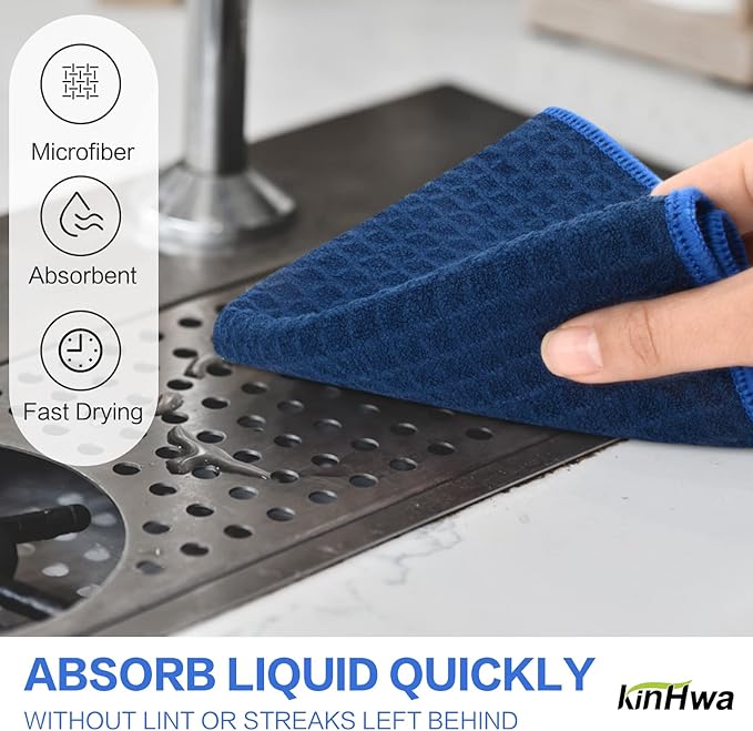 KinHwa Microfiber Dish Cloths Thick Waffle Weave Kitchen Dish Rags Ultra Absorbent Dishcloths 12inch x 12inch 6 Pack - Navyblue