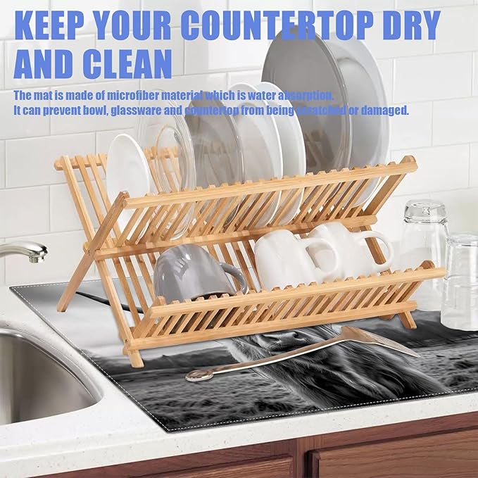 Highland Cow Dish Drying Mat for Kitchen Counter Drying Pad Absorbent Reversible Dish Drainer Rack Mats Draining Pad 18"x24"Inch