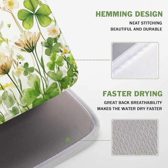 St Patrick's Day Dish Drying Mat 16 x 18 Inch Green Clover Dish Drainer Rack Mat Absorbent Microfiber Mats for Shamrock Dish Pad Spring Lucky Dish Pad for Kitchen Bar Decor