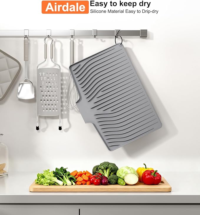 Airdale Dish Drying Mat, Drying Matt Kitchen Counter Silicone Non-Slip Heat Resistant Pad Dishwasher safe Eco-friendly(19 x 14 inches, Grey)