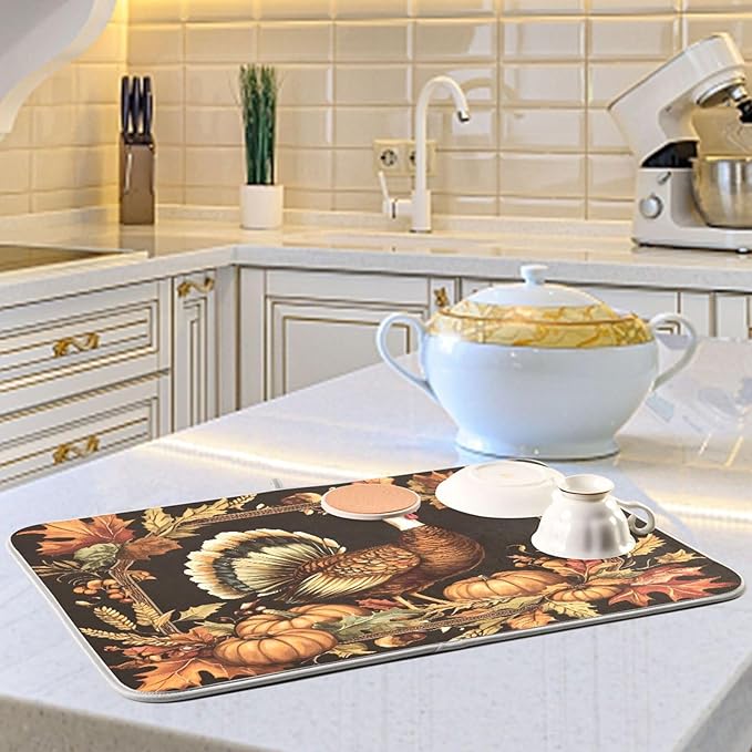 Thanksgiving Turkey Pumpkin Dish Drying Mat for Kitchen Counter Absorbent Microfiber Drying Pad, Medium 16x18 in