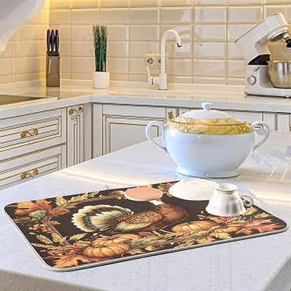 Thanksgiving Turkey Pumpkin Dish Drying Mat for Kitchen Counter Absorbent Microfiber Drying Pad, Medium 16x18 in