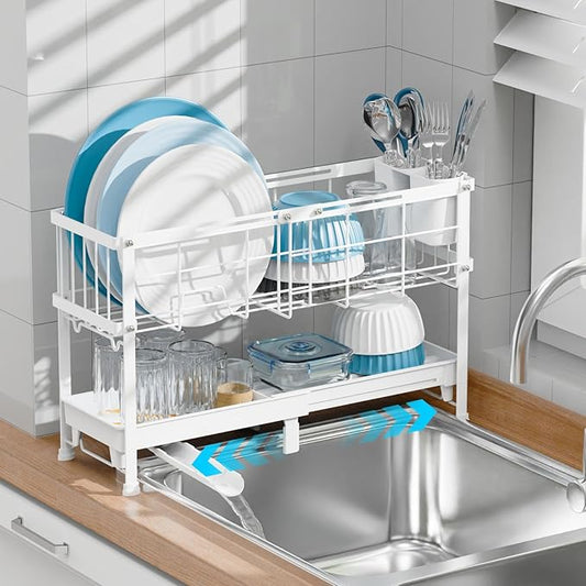 GSlife Narrow Dish Drying Rack - Expandable Small Dish Rack for Kitchen Counter, 2 Tier Adjustable Capacity (15.7''-20.7''L) Dish Drainer Rack with Removable Cutlery Holder, White