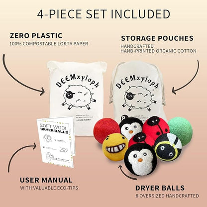 Solid Color Wool Dryer Balls 8-Pack,Hypoallergenic Softener Alternative, Assorted Pure Hues, All-Season Performance Cut Drying Time & Static for Organic Cotton