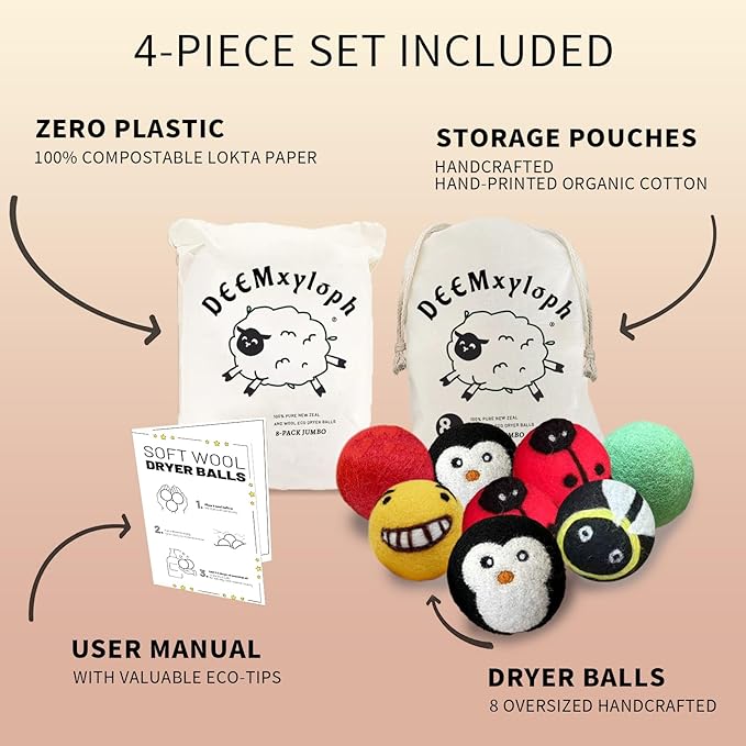 Ladybug Pattern Wool Dryer Balls (8pcs/3"),Friendly Dryer Sheet Alternative, Red & Black Colorway, All-Season Use - Reduce Wrinkles & Lint for Bedding, Towels, Everyday Wear