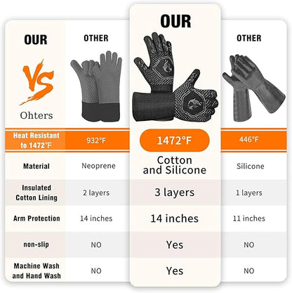 HAMITOR BBQ Grill Gloves : 1472℉ High Temp Resistance Fireproof Glove for Grilling Barbecue - Washable Long Oven Mitts Extreme Hot Proof Mittens for Kitchen Cooking Baking