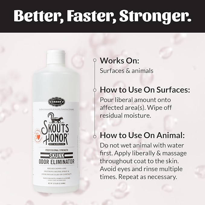 Skout's Honor Skunk Odor Eliminator for Pets, Indoor, and Outdoor Surfaces – Eliminate Skunk Spray Odor, Eco-Friendly, Cruelty-Free Solution for Pets and Surfaces, 32 oz, 2-Pack