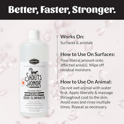 Skout's Honor Skunk Odor Eliminator for Pets, Indoor, and Outdoor Surfaces – Eliminate Skunk Spray Odor, Eco-Friendly, Cruelty-Free Solution for Pets and Surfaces, 32 oz