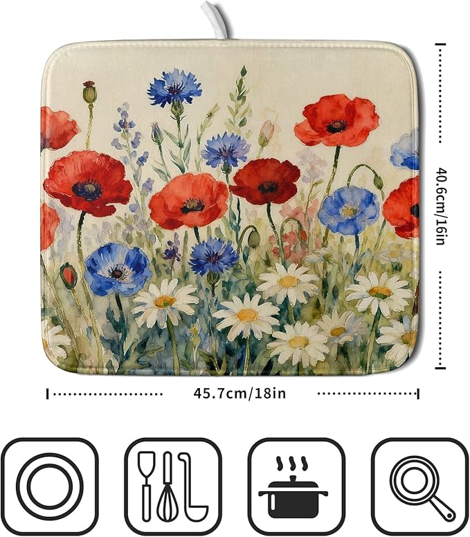 4th of July Dish Drying Mat for Kitchen Counter 16x18 Red Blue White Patriotic Floral Memorial Day Holiday Absorbent Reversible Microfiber Drying Mats Kitchen Countertop Protector Dishes Drainer Pad
