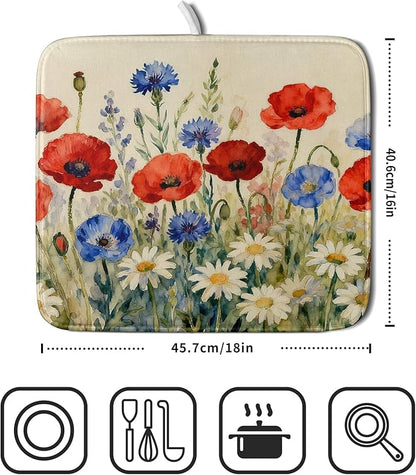 4th of July Dish Drying Mat for Kitchen Counter 16x18 Red Blue White Patriotic Floral Memorial Day Holiday Absorbent Reversible Microfiber Drying Mats Kitchen Countertop Protector Dishes Drainer Pad