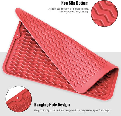 Silicone Dish Drying Mat, Non-Slip Easy Clean Sink Mat Large Heat-resistant Dish Drainer Mat for Kitchen Counter, Sink, Refrigerator or Drawer liner (16" x 12", RED)