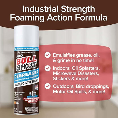 Bull Shot Degreaser Pro, Foaming Degreaser & Grime Remover, Heavy-Duty, AS SEEN ON TV, Residue-Free, Shake, Point & Spray, Emulsifies Grease, Oil Splatters, Glue, Tape Residue & More - Made in the USA