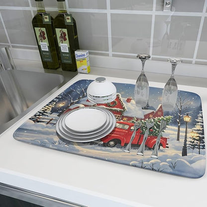 Christmas Dish Drying Mat for Kitchen Counter 18x24 Red Truck Winter Xmas Snow Scene Holiday Theme Absorbent Reversible Microfiber Drying Mats Kitchen Countertop Protector Dishes Drainer Pad