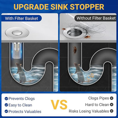 Bathroom Sink Drain Strainer, Pop-Up Bathroom Sink Stopper with Removable Stainless Steel Hair Catcher Basket, Universal Fit for US Bathroom Sinks, Showers & Floor Drains (3pcs)