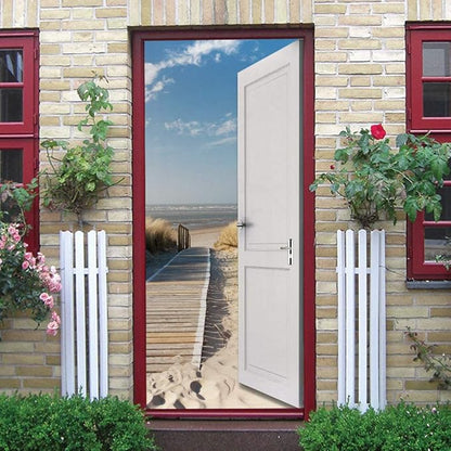 3D Door Wallpaper Self-Adhesive Poster - Beach Street Film Photo Premium PVC Waterproof Sticker Wall for Bedroom Living Room Decoration Stickers 95 x 200 cm