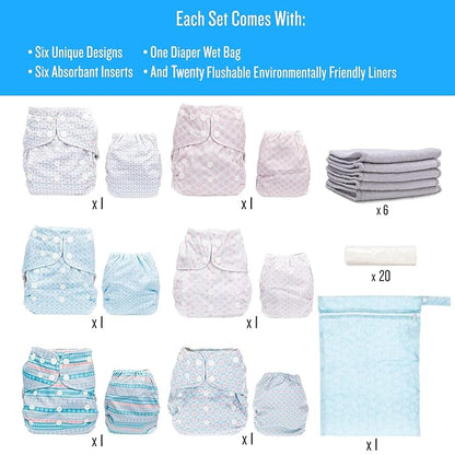 Simple Being Reusable Cloth Diapers, Double Gusset, One Size Adjustable, Washable Soft Absorbent, Waterproof Cover, Eco-Friendly Unisex Baby Girl Boy, six 4-Layers Microfiber Inserts (Stripes)
