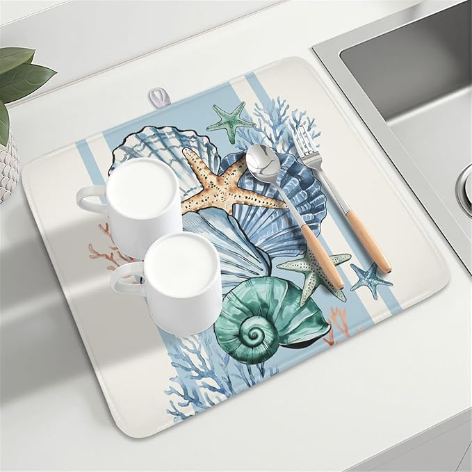 Summer Sea Shell Drying Mat 18x16 Inch, Starfish Drying Mat with Absorbent Reversible Microfiber, Coastal Dish Drainer Mats Holiday Ocean Rack Pad for Coffee Countertop Kitchen Protector