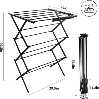 3 Tiers Foldable Clothes Drying Rack, Vertical Laundry Rack Portable and Collapsible for Storage Indoor Outdoor，Pure Black