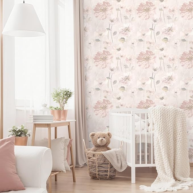 Ismoon 17.3''x362.2''Peel and Stick Wallpaper Vintage Floral Contact Paper Watercolor Pink Removable Self-Adhesive Wallpaper for Bathroom Bedroom Nursery Wildflower Botanical Wall Paper Vinyl Decor